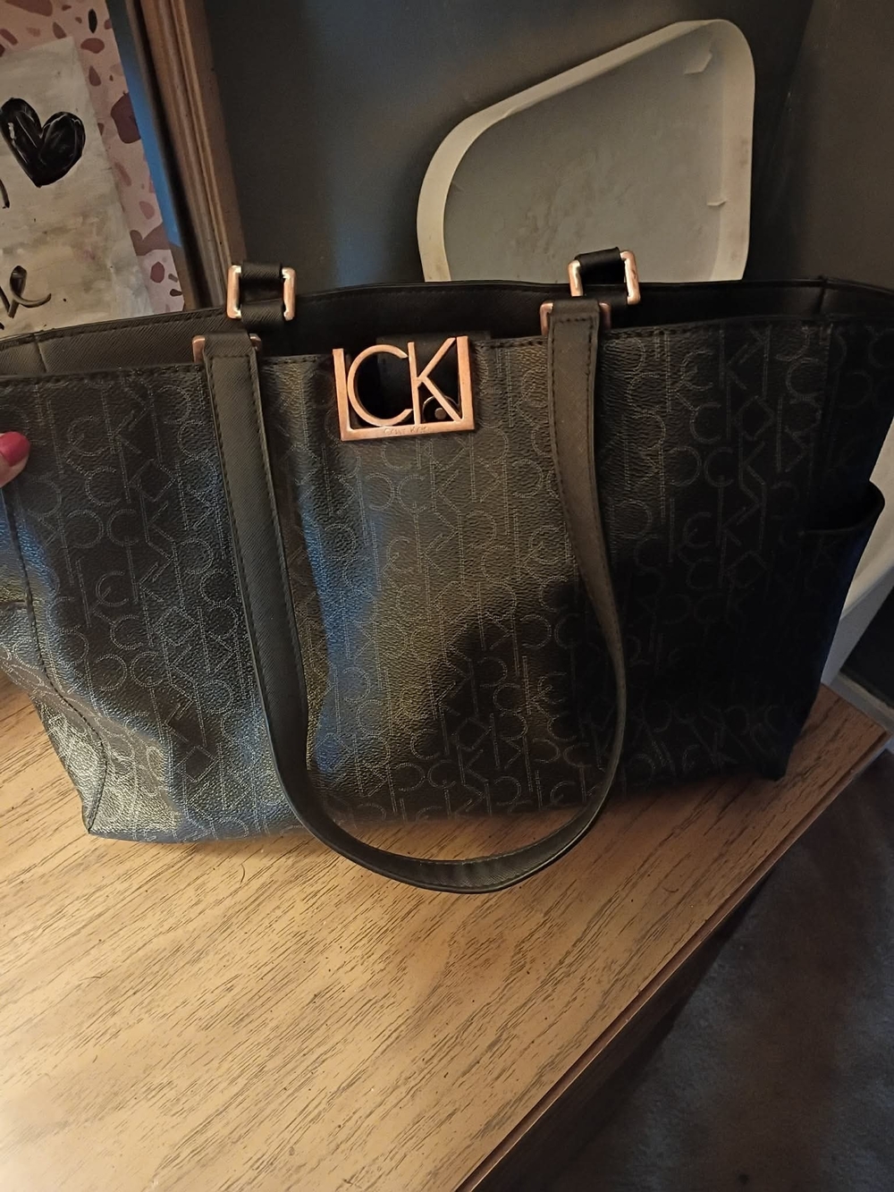 Calvin Klein Black Monogram Tote with Rose Gold CK Accent